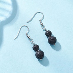 Черный Круглые серьги с подвесками из натурального вулканического камня, с 304 нержавеющей стали серьги крючки, платина, чёрные, 41.5~42x8.5 мм