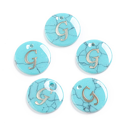 Letter G Synthetic Turquoise Charms, with Plastic Letter, Flat Round, Letter.G, 15x2mm, Hole: 1.5mm