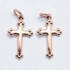 Розовый Позолоченный Латунные подвески, без кадмия, без никеля и без свинца, долговечный, крестик, Настоящее розовое золото покрыто, 18x10x1 мм, отверстие : 3 мм