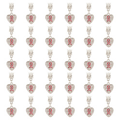 Платина 30шт. сплав роза горный хрусталь европейские подвески шармы, большой кулон дыра, сердце с раком молочной железы знак ленты узор, платина, 28 мм, Кулон : 16x14x2 мм, отверстие : 5 мм