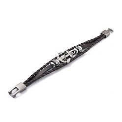 Coconut Brown Cowhide Braided Multi-strand Bracelet, Anchor Bracelet with Synthetic Hematite for Women, Coconut Brown, 7-3/4 inch(19.6cm)