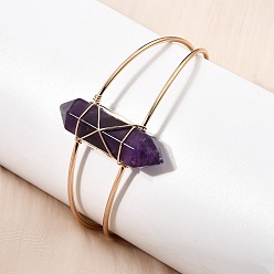 Аметист Браслеты-манжеты для женщин с шестиугольными наконечниками из натурального аметиста, обмотанными латунной проволокой., внутренний диаметр: 2.34x1.79 дюйм (5.95x4.55 см)