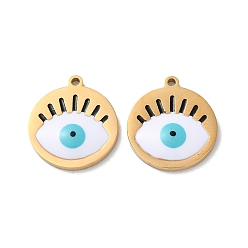 Золотой Ионное покрытие (ip) 304 подвески из нержавеющей стали, с эмалью, плоский круглый с рисунком сглаза, золотые, 17x15x1.5 мм, отверстие : 1.2 мм