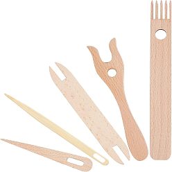 BurlyWood Beechwood Knitting Tools Set, Including Wooden Knitting Fork and Needle, BurlyWood, 5pcs/bag