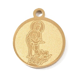 Golden Buddhist 304 Stainless Steel Pendants, Flat Round with Guanyin Charms, Hand Polished, Ion Plating(IP), Golden, 17x15x1.4mm, Hole: 1.8mm