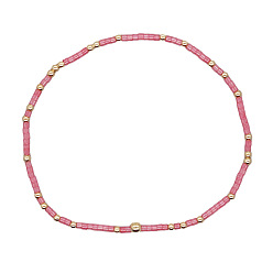 Pink Минималистичные браслеты из стеклянных бусин и латунных бусин для женщин, круглые, золотые, розовые, 6.89 дюйм (17.5 см)