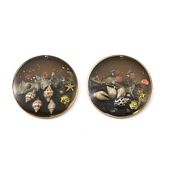 Черный Подвески из латуни и смолы, с ракушкой и жемчужиной из АБС-пластика, плоские круглые прелести, с блеском порошок, золотой свет, чёрные, 30x4~5.5 мм, отверстие : 1.2 мм