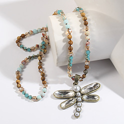 Шушан Камень Подвеска в виде стрекозы из искусственного жемчуга из сплава, стеклянные и натуральные камни шоушань, круглые бусины для женщин, античная бронза, 33.86~34.65 дюйм (86~88 см)