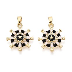 Черный Подвески из латуни с микропаве из прозрачных кубических цирконий и эмали, шлем со звездными подвесками, реальный 18 k позолоченный, чёрные, 20x17x2.5 мм, отверстие : 4.5x2 мм