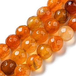 Orange Natural Agate Beads Strands, Dyed & Heated, Round, Faceted, Orange, 6mm, Hole: 1mm, about 62pcs/strand, 14.37~14.76 inch(36.5~37.5cm)