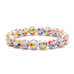Colorful Dot Pattern Lampwork Round Beaded Stretch Bracelet for Women, Colorful, Inner Diameter: 2-1/4 inch(5.7cm), Beads: 10mm