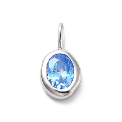 Озёрно--синий 925 овальные подвески из стерлингового серебра с кубическим цирконием, Подвески из камней-талисманов с 925 штампом, серебряный цвет гальваническим, Плут синий, 14.5x8x3 мм, отверстие : 3.5x2 мм