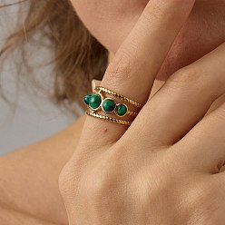 Малахит 304 нержавеющая сталь с манжетными кольцами из синтетического малахита, золотые, плоско-круглые, размер США 7 (17.3 мм)