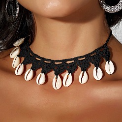 Черный Ожерелья-чокеры ручной работы из полиэстерового шнура в стиле бохо с кисточками из натуральных ракушек каури для женщин, чёрные, 15.75~23.62 дюйм (40~60 см)