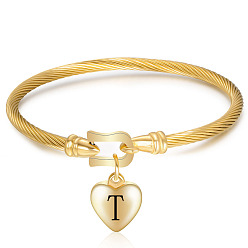 Letter T Браслеты из нержавеющей стали, с сердцем очарование, золотые, для женщин, Письмо T, внутренний диаметр: 2-1/4 дюйм (5.8 см)