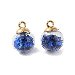 Steel Blue Glass Round Pendants, with Plastic Finding and Foam Glitter, Steel Blue, 21x16mm, Hole: 2.5mm