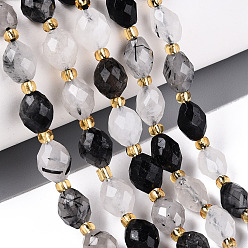 Кварц Турмалинизации  Натуральные турмализированные кварцевые бусинки, граненые, овальные, с бисером, 8~9x6~8 мм, отверстие : 1~1.2 мм, около 36~38 шт / нитка, 14.96~15.35 дюйм (38~39 см)