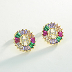 Letter H Серьги-гвоздики из латуни с разноцветными кубическими цирконами, плоско-круглые, золотые, Письмо ч, 16x16 мм