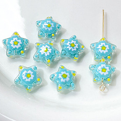Pale Turquoise Handmade Lampwork Beads, Famille Rose Porcelain, Star, Pale Turquoise, 13x6mm, Hole: 1.2mm