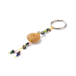 Mixed Color Flat Round Natural Lava Rock Beads Keychain, with Iron Ring and Alloy Findings, Mixed Color, 150mm