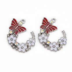 Ivoire Pendentifs en alliage, avec l'émail, platine, papillon avec fleur, blanc crème, 22x29x2mm, Trou: 1.8mm