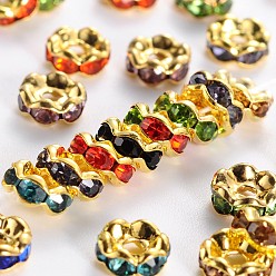 Mixed Color Brass Rhinestone Spacer Beads, Grade A  Mix, Rondelle, Golden and Nickel Free, Assorted Colors, Size: about 6mm in diameter, 3mm thick, hole: 1mm