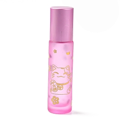 Pearl Pink Glass Roller Bottles, with Lid and Glass Roller Balls, Refillable Bottles, Column with Fortune Cat Pattern & Chinese Character, Pearl Pink, 2x8.6cm, Hole: 9.5mm, Capacity: 10ml(0.34fl. oz)