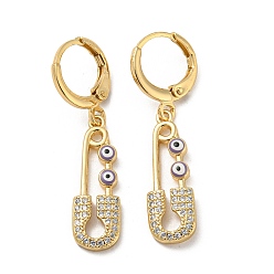 Lilac Golden Brass Dangle Leverback Earrings, with Enamel and Cubic Zirconia, Safety Pin with Evil Eye, Lilac, 36.5x8mm