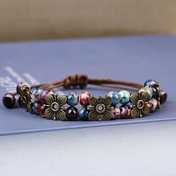 Стально-синий Браслеты из плетеных бусин из сплава и фарфора ручной работы для женщин, клевер, воском шнура, стальной синий, 5-7/8~11-3/4 дюйм (15~30 см)