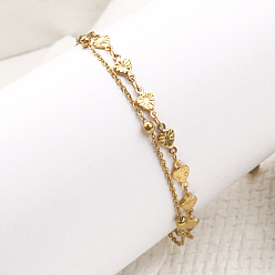 Настоящее золото 18K 304 браслеты на ногу из многорядной цепи из нержавеющей стали, сердце, реальный 18 k позолоченный, 8-3/4 дюйм (221 мм)