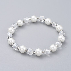 White Glass Beads Stretch Bracelets, with Stainless Steel Beads, Round & Cube, White, 2-1/8 inch(5.5cm)