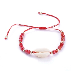 Красный Регулируемые нейлоновые нити плетеные браслеты из бисера, с натуральными бусинками из каури, граненые стеклянные бусы и латунные бусы, красные, Внутренний диаметр: 3.2~7.8 cm