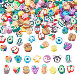 Mixed Color 225Pcs 15 Styles Handmade Polymer Clay Beads, with Fruit Theme, Animal, Flower, Star, Food, Mixed Color, 15pcs/style