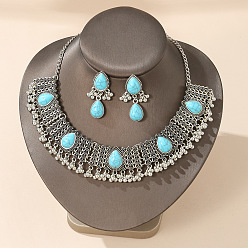 Платина Ожерелье и серьги из сплава в форме капли и синтетической бирюзы, платина, 420 мм и 42x16 мм