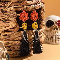 Черный Серьги-кисточки из сплава, акрила, смолы, стекла и хлопкового шнура на Хэллоуин, череп, платина, чёрные, 110x20 мм