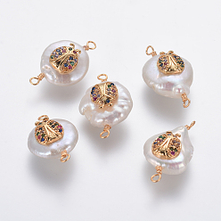 Разноцветный Соединители звеньев натурального жемчуга, с латунными микро проложить кубических выводы циркония, плоский круг с божьей коровкой, золотые, красочный, 19~22x11~14x6~8 мм, отверстие : 1.6 мм