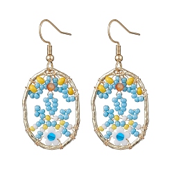 Небесно-голубой Серьги-подвески в виде цветка с овальным стеклом, с крючками для серьги из сплава и 304 нержавеющей стали, золотые, голубой, 47x21.5 мм