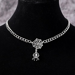 Spider Ожерелья с подвесками из цинкового сплава и железа на Хэллоуин, платина, паук паутиной, 15.35 дюйм (39 см), Кулон : 26x18 мм