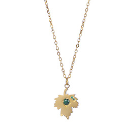 Green 304 Stainless Steel Pave Cubic Zirconia Pendant Necklaces for Women, Maple Leaf, Golden, Green, 15.75 inch(40cm), pendant: 15.7x11.6mm