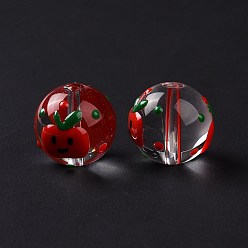 Apple Transparent Glass Beads, with Enamel, Round, Red, Apple Pattern, 14~15x13~13.5mm, Hole: 1.5~1.6mm