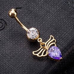 Medium Orchidee Messing Zirkonia Nabel Ring, Bauchringe, mit 304 Edelstahlleiste, cadmiumfrei und bleifrei, echt 18 k vergoldet, Engelsflügel, Medium Orchidee, 41x16 mm, Stange: 15 Spurweite(1.5mm), Stangenlänge: 3/8"(10mm)