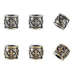 Antique Silver & Antique Golden Brass European Beads, Column with Cross, Large Hole Beads, Antique Silver & Antique Golden, 9x8mm, Hole: 5mm, 3pcs/color, 2 colors, 6pcs