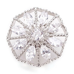 Platinum Rack Plating Brass Micro Pave Cubic Zirconia Shank Buttons, Cadmium Free & Lead Free, Octagon with Flower, Platinum, 20x9mm, Hole: 1.2mm