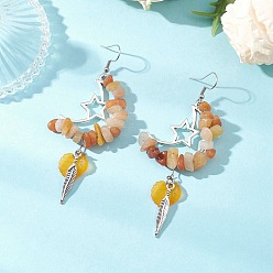 Античный Серебристый & Платиновый Серьги-подвески из сплава натурального красного авантюрина «Осенняя луна со звездами», с 304 нержавеющей стали серьги крючки, старинное серебро и платина, 91.5x35 мм