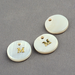 Letter M Freshwater Shell Pendants, Flat Round with Gold Blocking Letter.M, 11.5x2mm, Hole: 1.5mm