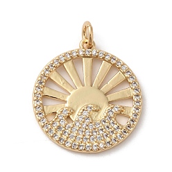 Настоящее золото 18K Стойка металлическая латунная микропрофилированная кубическая циркония подвески, Перейти кольцо, без свинца и без кадмия, плоские круглые с солнцем, реальный 18 k позолоченный, 22x20x1.7 мм, отверстие : 3 мм