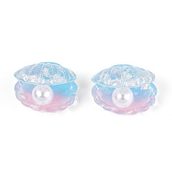 Светло-Голубой Прозрачная смола и искусственный жемчуг кабошоны, формы раковины, с блеском порошок, два тона, Небесно-голубой, 17x23.5~24x18.7 мм