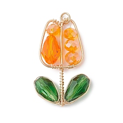Оранжевый Подвески гальванизируйте стекла, очаровательный цветок тюльпана, с экологически чистой медной проволокой, граненые, оранжевые, 36~37x23~24x8 мм, отверстие : 3.4 мм