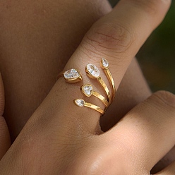 Real 18K Gold Plated 304 Stainless Steel Pave Cubic Zirconia Cuff Open Rings for Women, Heart & Oval & Teardrop, Real 18K Gold Plated, 20.5mm, Iinner Diameter: 18mm