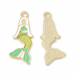 Spring Green Alloy Enamel Pendants, Mermaid Charm, Golden, Spring Green, 31x12x1.3mm, Hole: 2.3mm